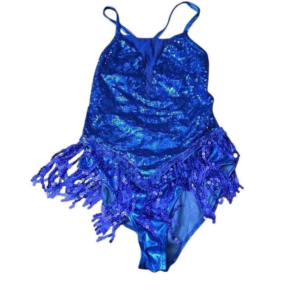 IEFiel Women's Size Small Blue Sequin Fringe Mesh Panel Dance Leotard